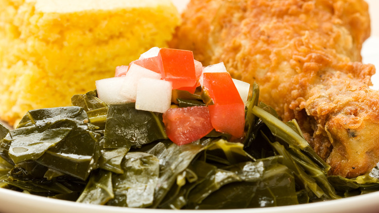 Collards, fried chicken, and cornbread