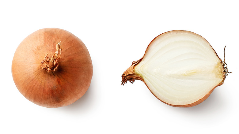 Whole onion beside sliced onion