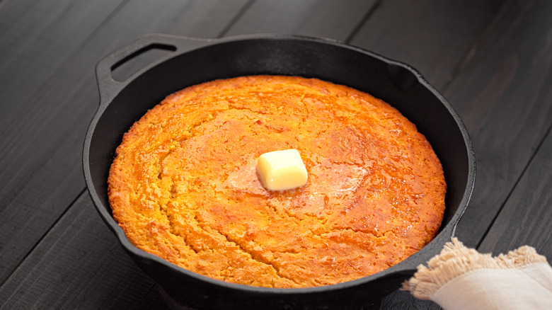Homemade cornbread in a skillet