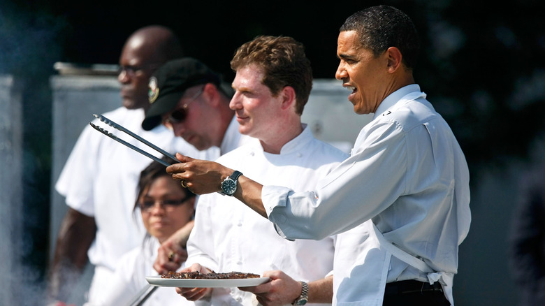 President Obama helps White House chefs with barbecue