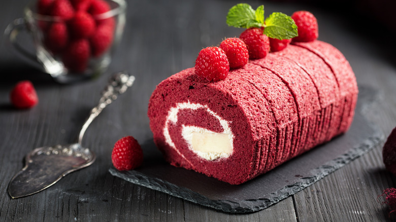 red velvet cake roulade on platter