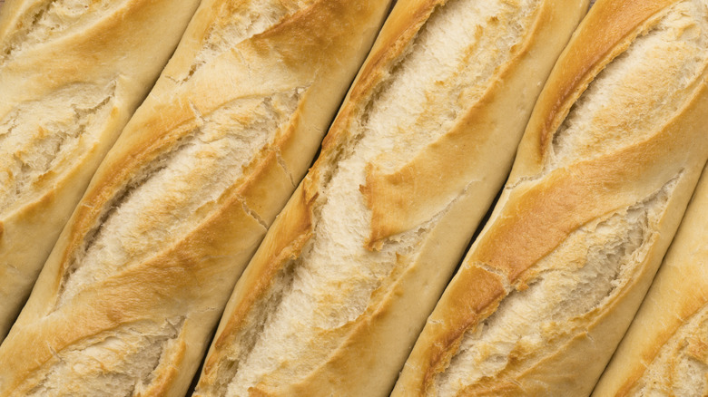 Close-up on five adjacent baguettes