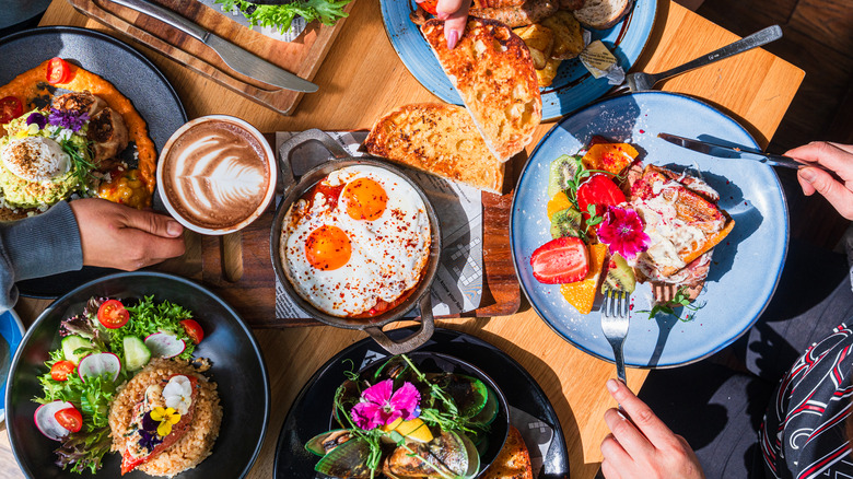Table full of brunch dishes