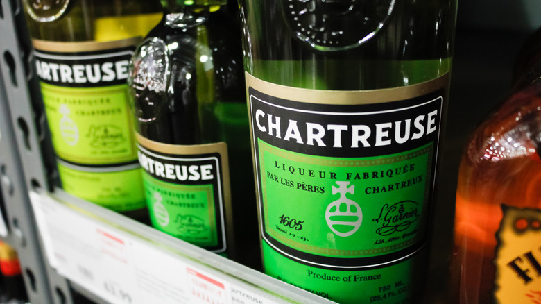 Chartreuse liqueur bottles on shelf