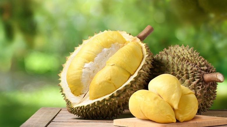 durian in shell on board