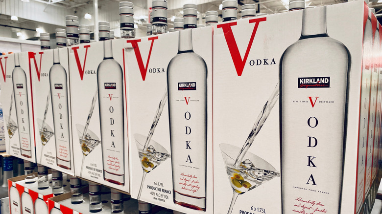 Crates of Kirkland French Vodka on Costco pallet