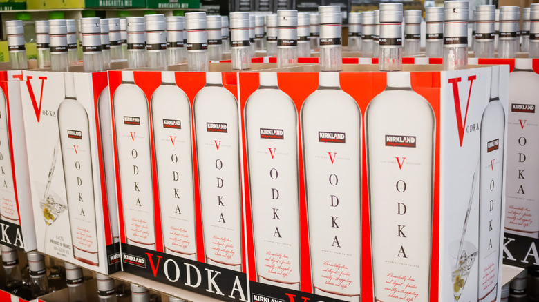 Boxes of Kirkland French Vodka on Costco store shelf