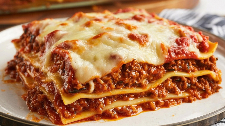 Serving of lasagna on plate