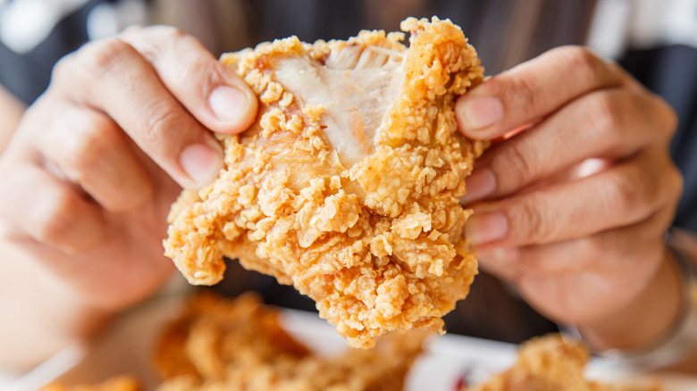 Person tearing piece of fried chicken