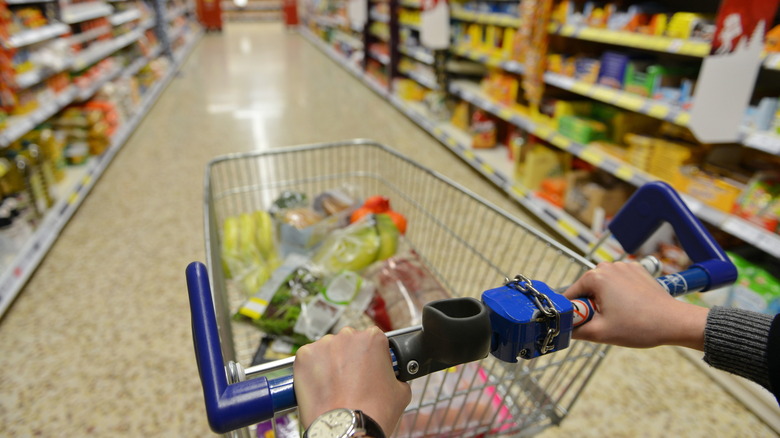 Person pushing cart in grocery aisle