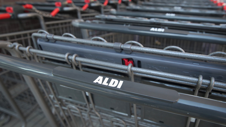 Aldi shopping carts pushed together. 