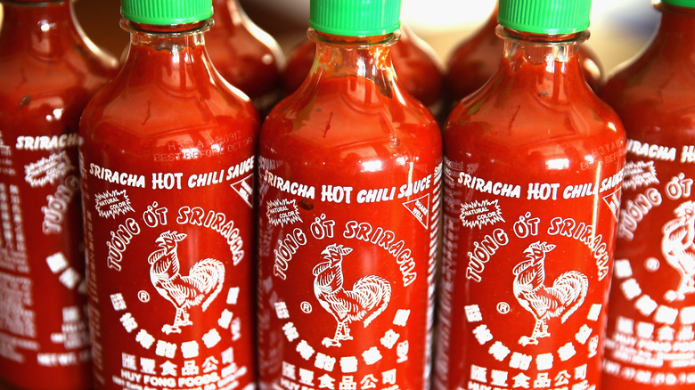 Bottles of Huy Fong sriracha sauce