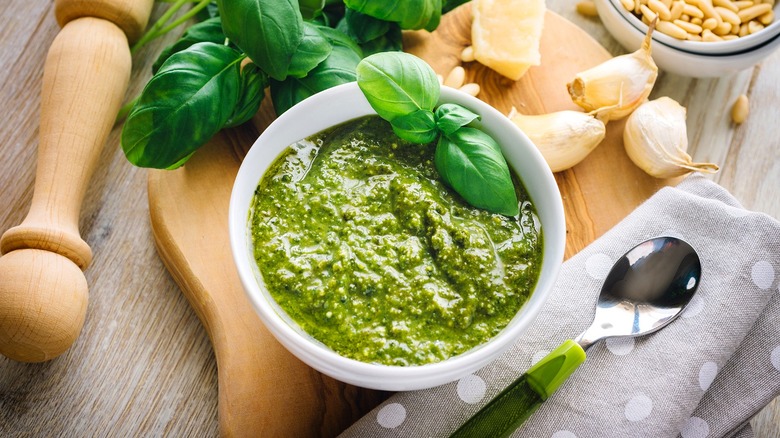 Homemade pesto in white bowl