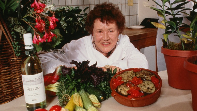 Julia Child with wine and food