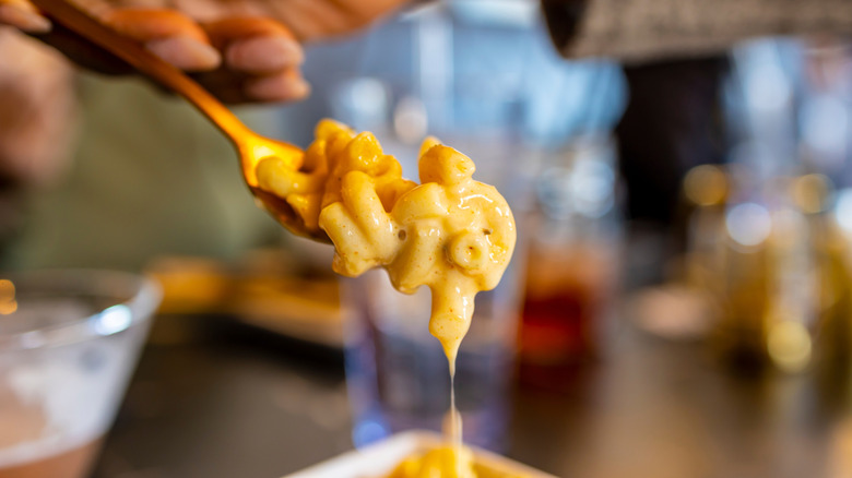 hand holding a spoon full of mac and cheese