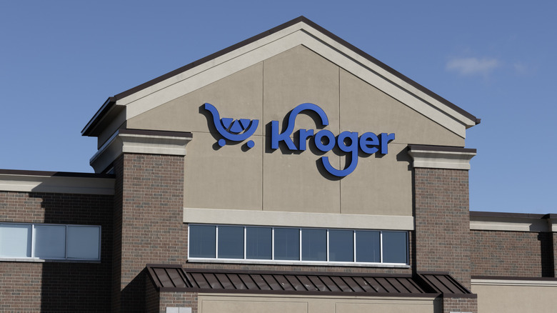 Close up of some Kroger grocery carts stacked together