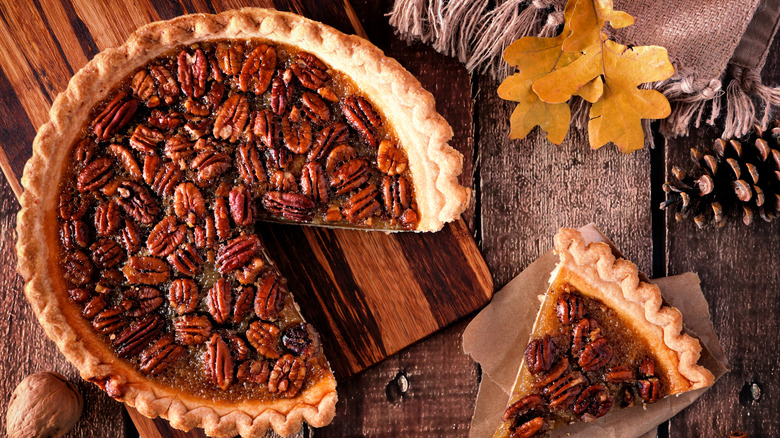 pecan pie with slice cut out