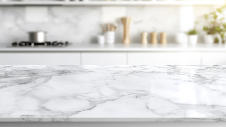 Close up of a marble countertop in a kitchen