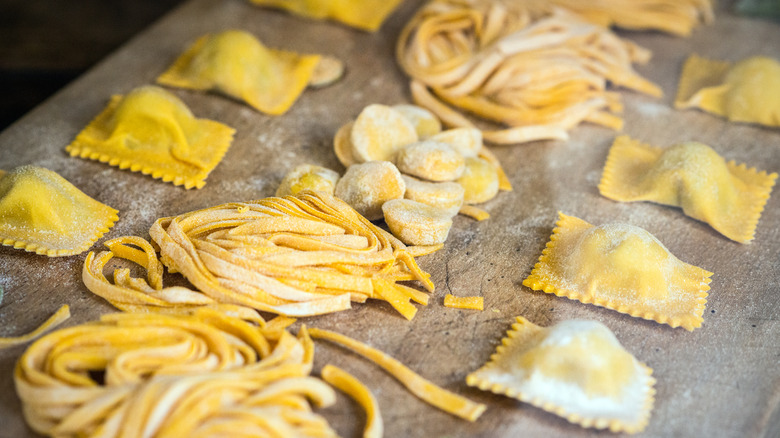 various fresh pastas on counter