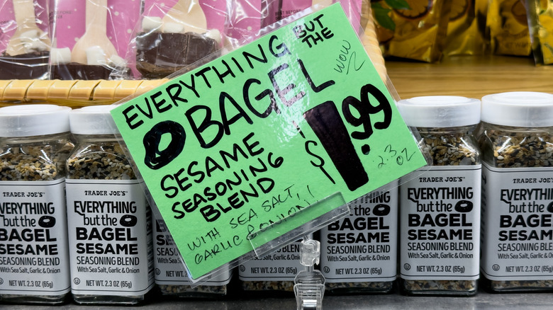 'Everything but the Bagel' seasoning in Trader Joe's Grocery store, shelf with bagel seasoning blend, sesame, poppy seeds, salt, garlic and onion for bread