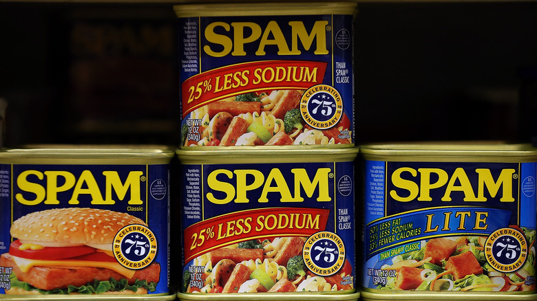 Spam cans stacked on a shelf