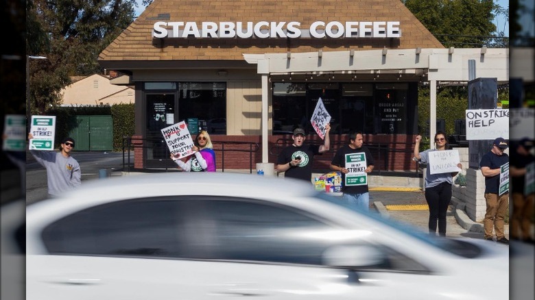 Employee strike outside of Starbucks in California