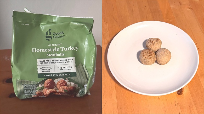 Bag of Good & Gather turkey meatballs with three displayed on a white plate