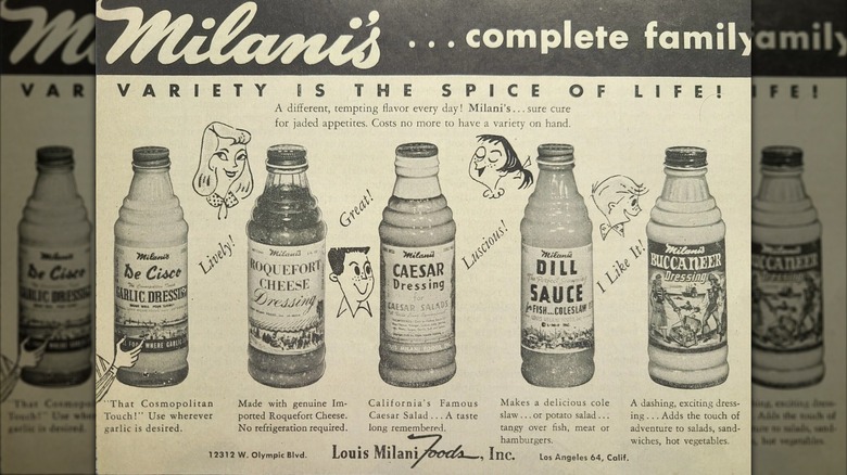 A vintage Milani Foods ad for sauces including buccaneer dressing: "A dashing, exciting dressing ... Adds the touch of adventure to salads, sandwiches, hot vegetables"