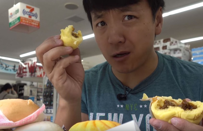 Mike Chen marveling at the tasty buns at a Tokyo 7-Eleven