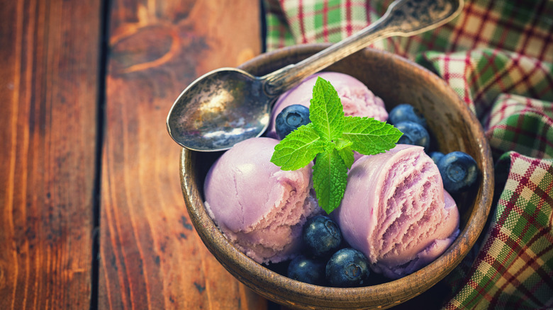 Blueberry ice cream with spoon and mint