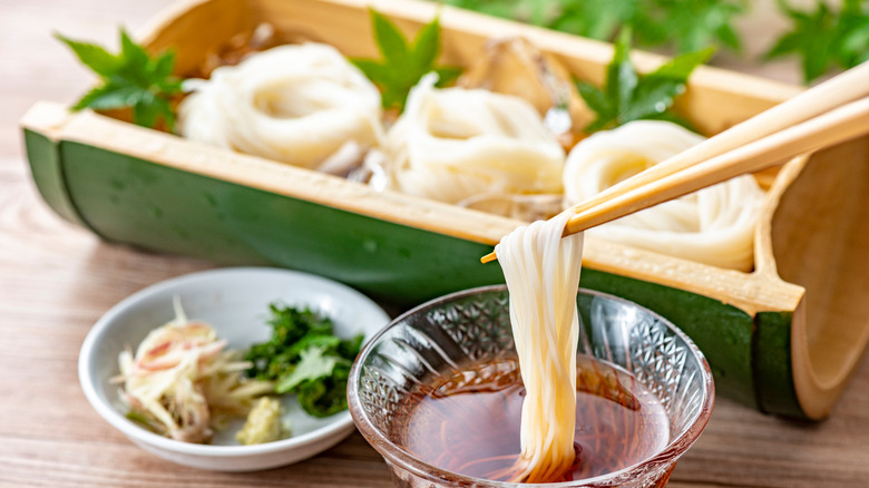 Somen noodles in a bamboo bowl