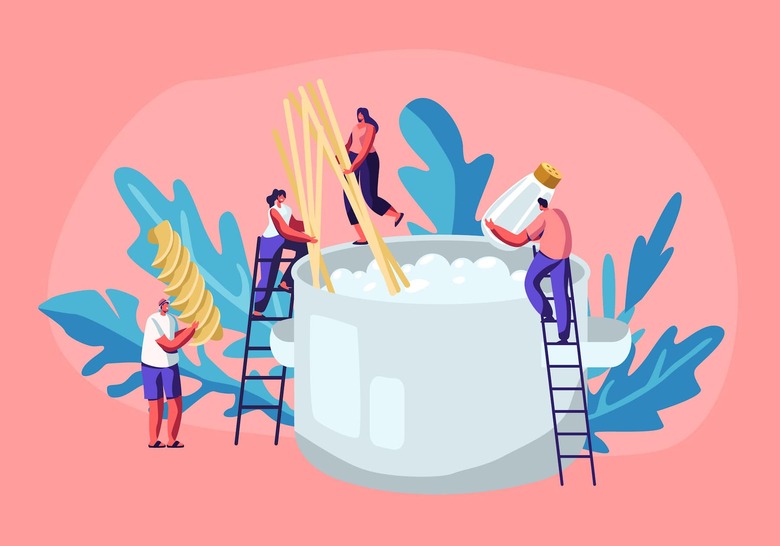 Illustration of oversized folks on ladders putting spaghetti in oversized pot of boiling water