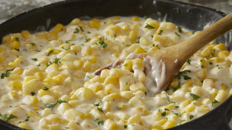 Creamed corn in iron skillet