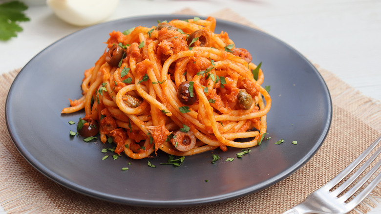 Bowl of spaghetti with tomato sauce