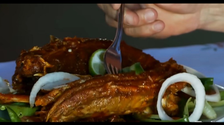 plate of onions and cooked Iguana with fork