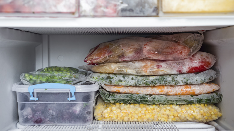 Frozen fruits and vegetables in the freezer