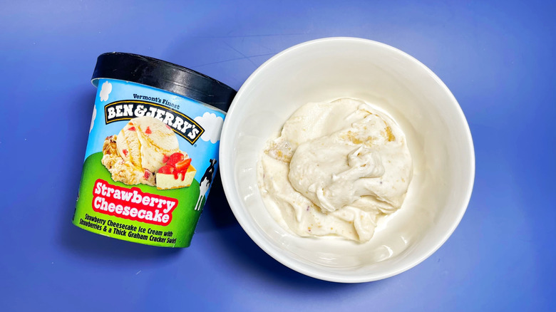 Ben & Jerry's strawberry cheesecake in bowl with pint
