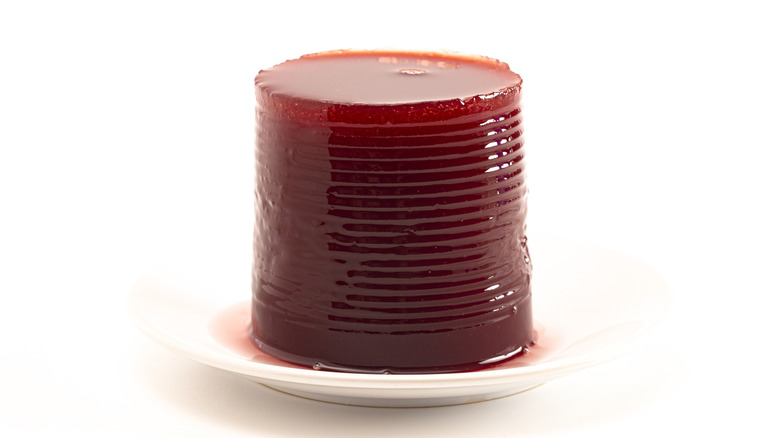 A cylinder of cranberry sauce straight from the can with the can ridges still visible in the cranberry.