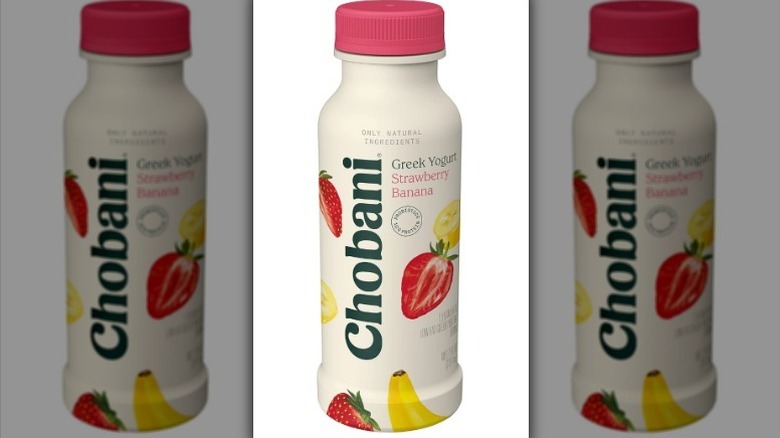 Chobani strawberry banana bottled smoothie on white background