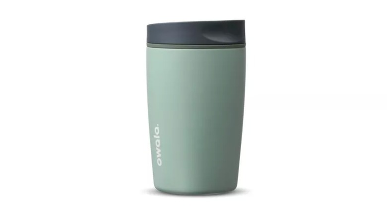 A Owala 12 fl oz Stainless Steel SmoothSip Slider Ceramic Lined Travel Mug
