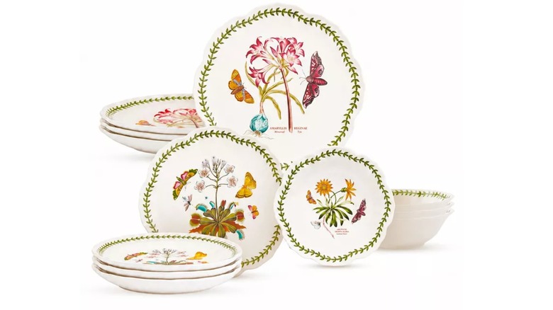Dishes with flowers on them from the Portmeirion Botanic Garden Lotus 12-Piece Dinnerware Set - Floral Lotus Design