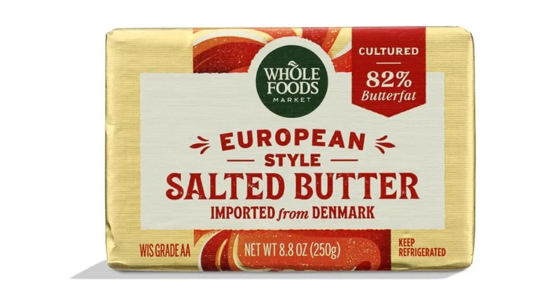 A bar of Whole Foods Market European Style Salted Butter
