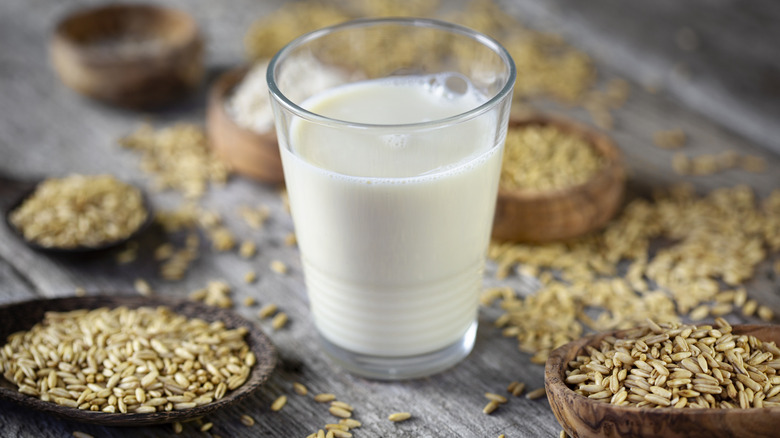 a glass of vegan milk
