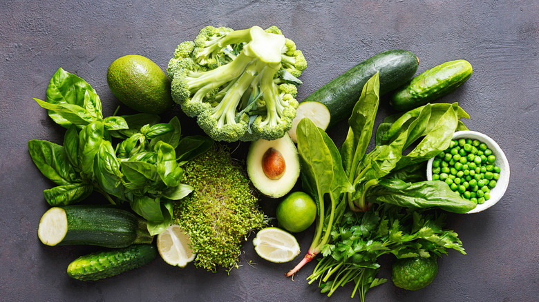 Green vegetables on gray background