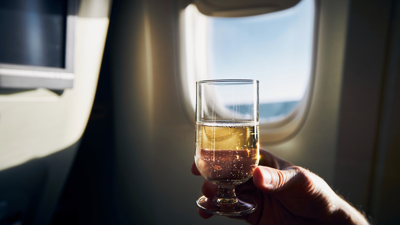 person holding glass of white wine served on an airplane