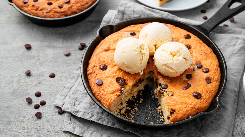 Skillet chocolate chip cookie with ice cream