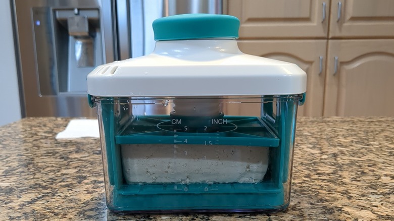 Tofu in blue tofu press