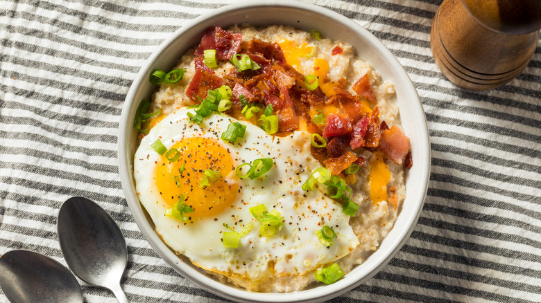 Cheddar and bacon oatmeal in a bowl