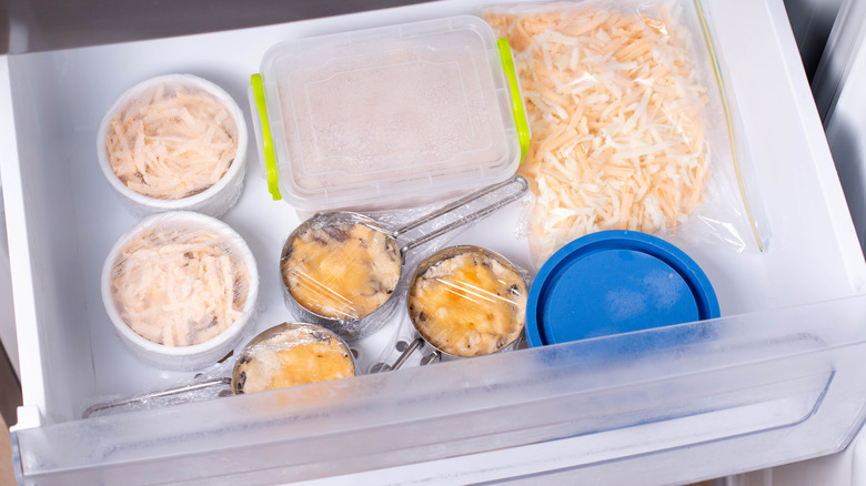 Cheese, mac and cheese, and other cheese products in a freezer