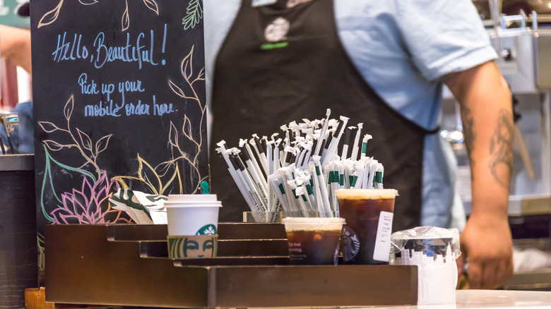 Starbucks mobile orders on counter